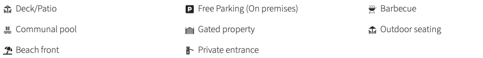 Icons and text for amenities: Deck/Patio, Free Parking, Barbecue, Communal Pool, Gated, Outdoor Seating, Beachfront.