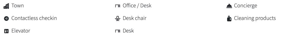 Icons of a town, check-in, elevator, office, chair, desk, concierge, and cleaning products.