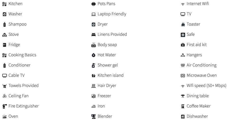 Icons with text listing amenities like kitchen, WiFi, TV, fridge, air conditioning, and more.