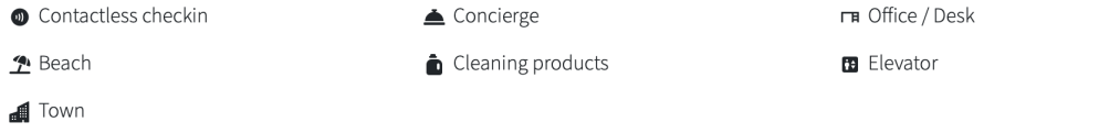 Icons and labels: contactless checkin, concierge, office, beach, cleaning products, elevator, town.