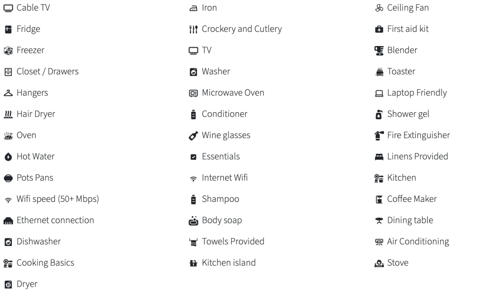 List of amenities with icons including cable TV, fridge, microwave, Wi-Fi, air conditioning, and fire extinguisher.
