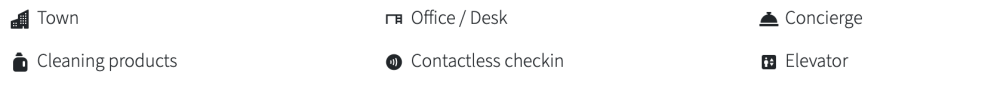 Icons for town, office, concierge, cleaning products, contactless check-in, elevator.