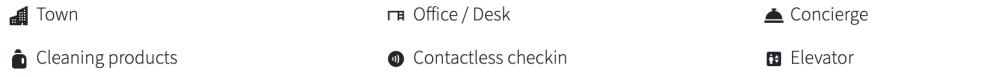 Icons with labels: Town, Office/Desk, Concierge, Cleaning products, Contactless check-in, Elevator.