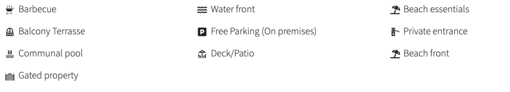Icons list: Barbecue, Balcony Terrasse, Communal pool, Gated property, Water front, Free Parking, Deck/Patio, Beach essentials, Private entrance, Beach front.