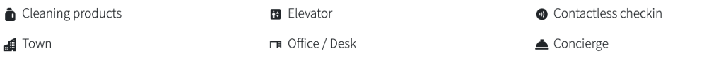 Icons with labels: Cleaning products, Town, Elevator, Office/Desk, Contactless checkin, Concierge.