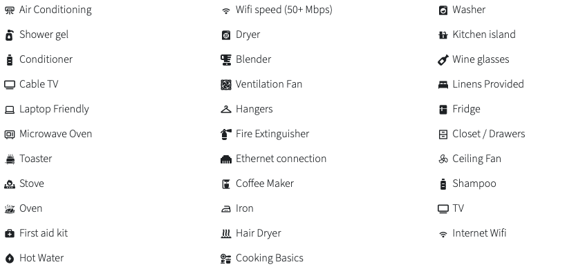 List of home amenities with icons, including Air Conditioning, Wifi, Dryer, Washer, and more for three columns.