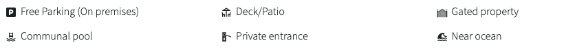 Icons of amenities: Free parking, communal pool, deck, private entrance, gated property, near ocean.