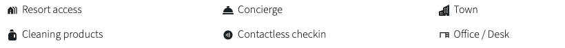 Icons for resort access, cleaning products, concierge, contactless check-in, town, and office/desk.