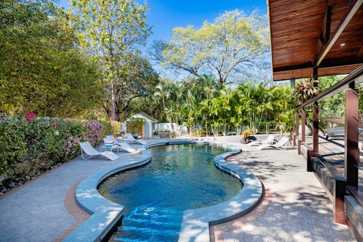 Outdoor pool with lounge chairs, surrounded by trees and flowers under a clear blue sky.