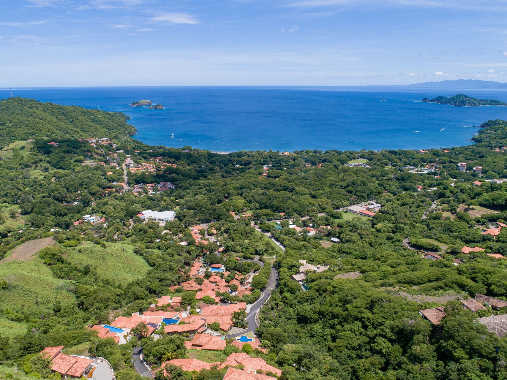 Aerial view of a coastal village with lush greenery and ocean.
