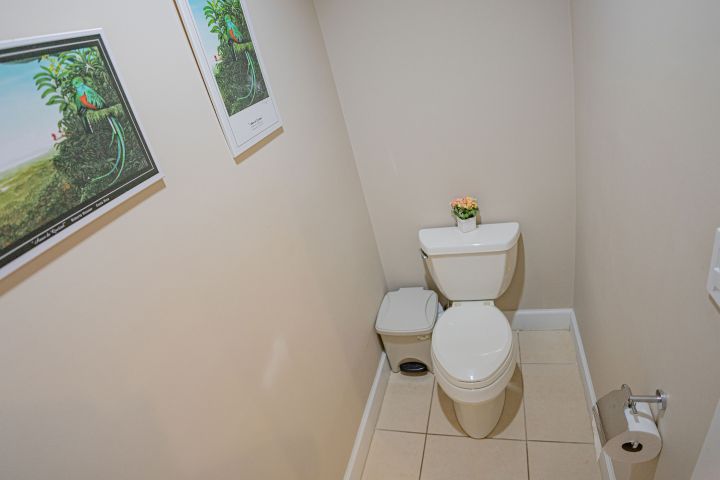 Small bathroom with toilet, trash can, and framed bird art on beige walls.