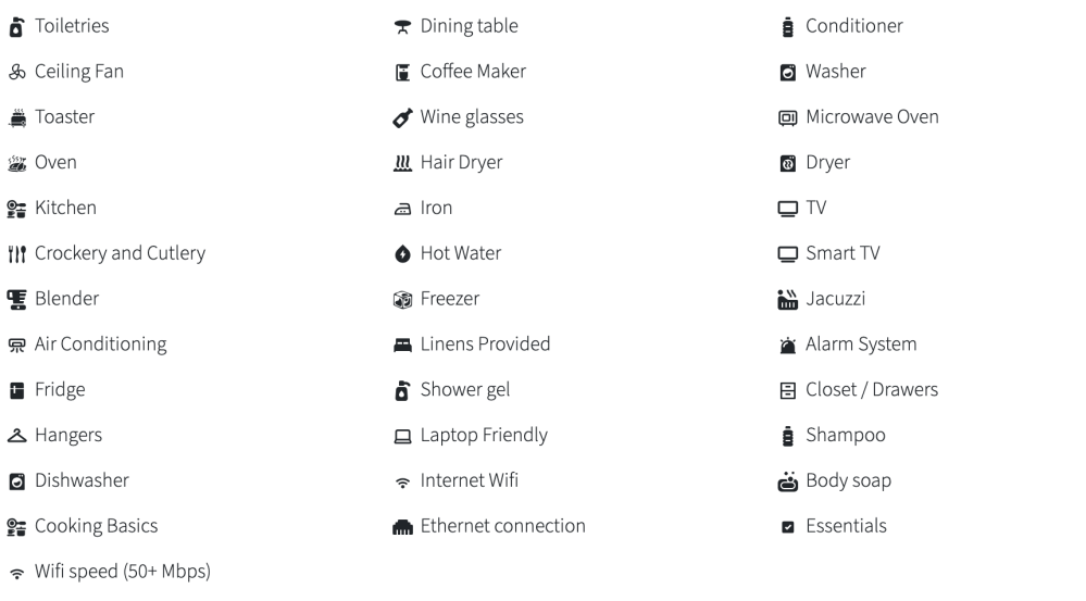 Icons and labels for home amenities like toiletries, kitchen, TV, WiFi, and essentials, organized in columns.