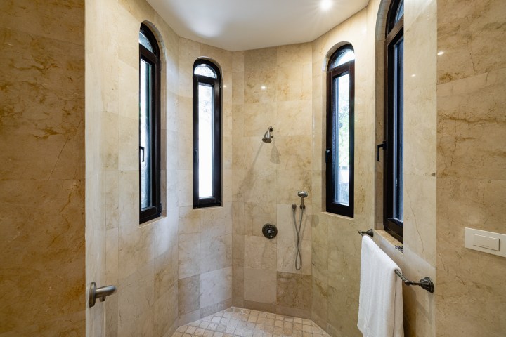 Luxury bathroom with marble walls, tall arched windows, and a modern shower setup.
