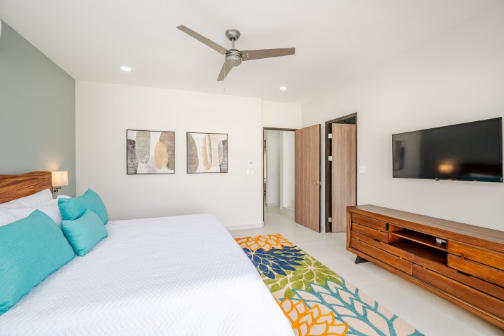 Modern bedroom with bed, colorful rug, TV, ceiling fan, and abstract paintings on wall.