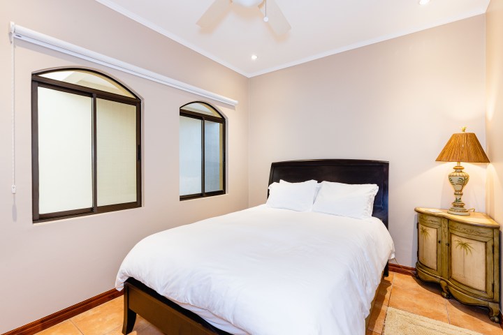 Cozy bedroom with a double bed, two windows, a lamp on a nightstand, and a ceiling fan.