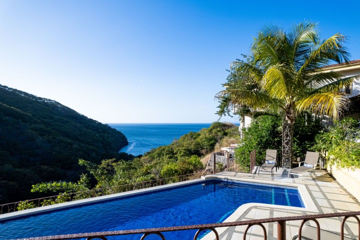 Infinity pool with ocean view, surrounded by lush green hills and a palm tree.