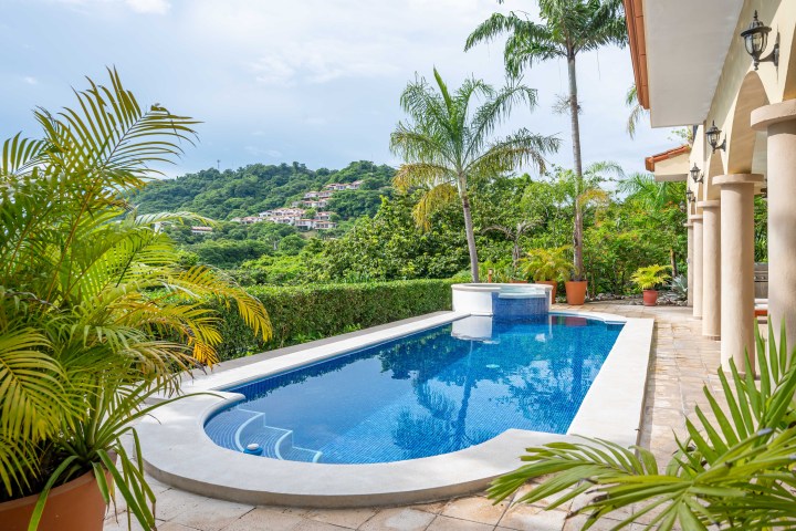 Tropical backyard with a pool, palm trees, and mountain view.