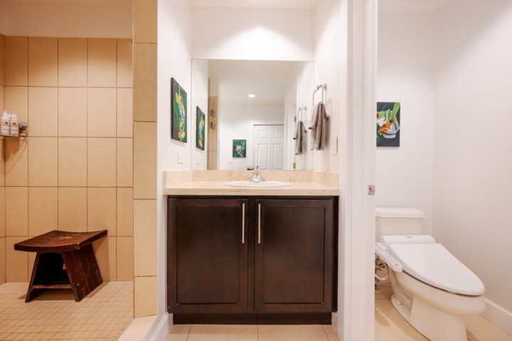 Bathroom with dark vanity, shower with stool, and modern toilet; paintings on walls.