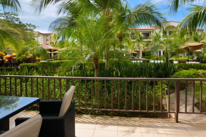 Tropical garden view from patio with chair, table, and railing.