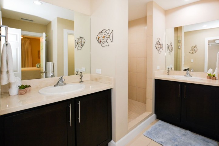 Bathroom with two sinks, a shower, and fish wall art above the vanity.