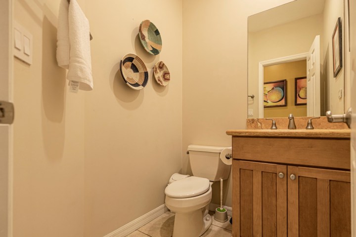 Bathroom with a toilet, wooden vanity, mirror, and decorative plates on the wall.