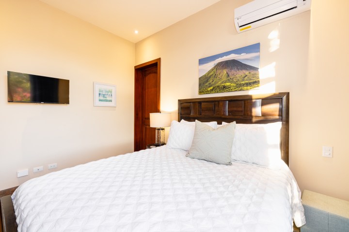 Bedroom with a large bed, TV, and landscape painting on the wall.