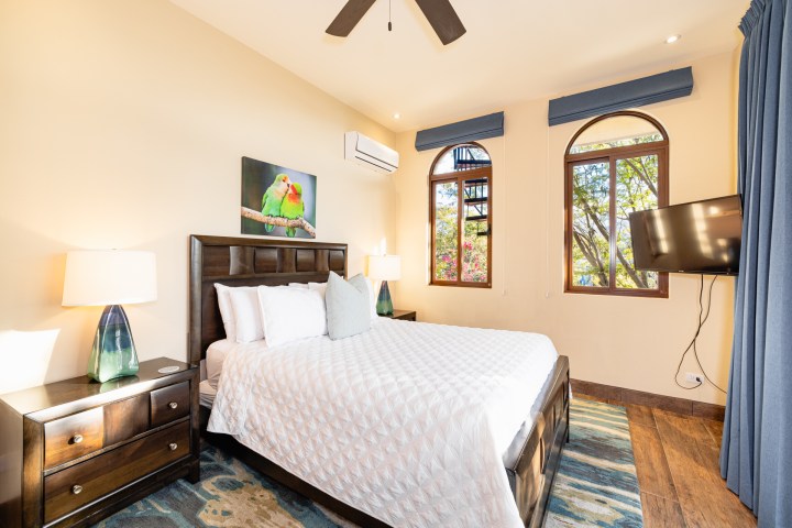 Bright bedroom with a bed, bedside tables, lamps, wall art above bed, and a TV next to arched windows.