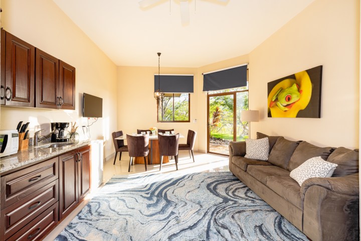 Bright living room with a sofa, dining set, kitchenette, and frog artwork on the wall.