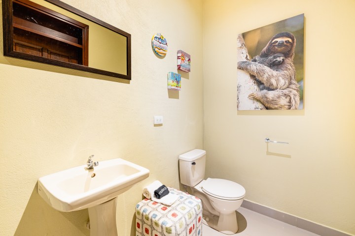 Bathroom with a sink, toilet, sloth photo, mirror, and colorful decor on a light yellow wall.
