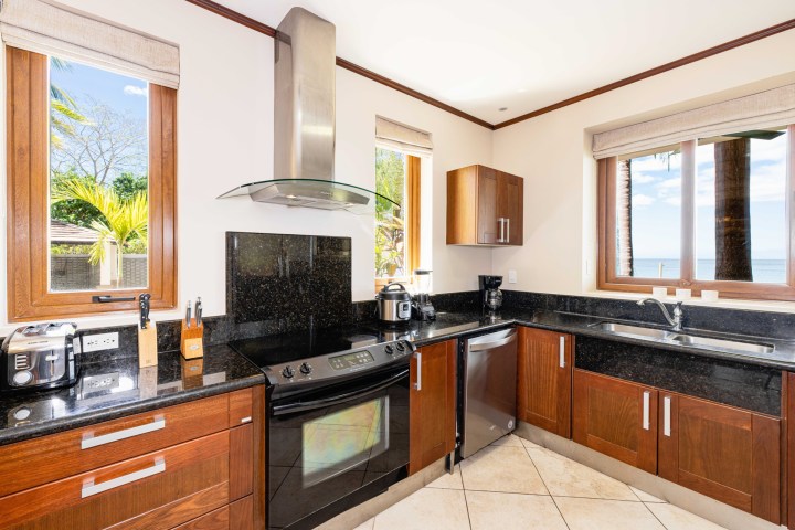 Modern kitchen with wooden cabinets, black countertops, and a view of palm trees through the windows.