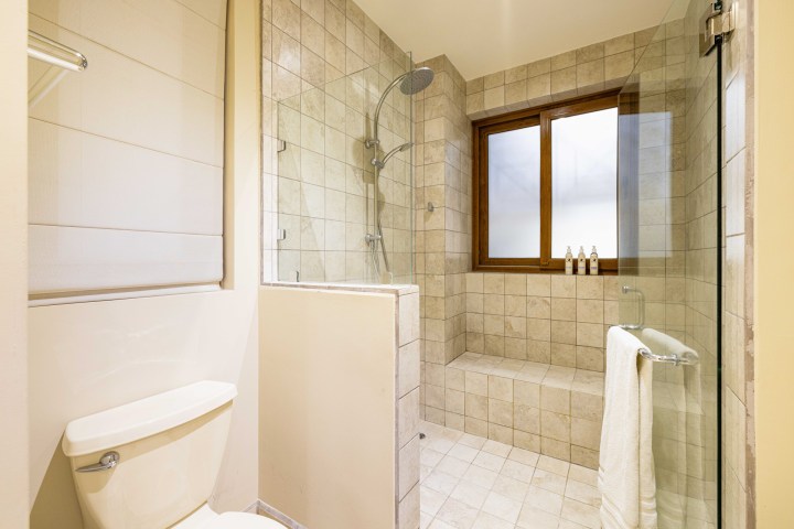 Bathroom with tiled shower, glass door, window, and toilet.