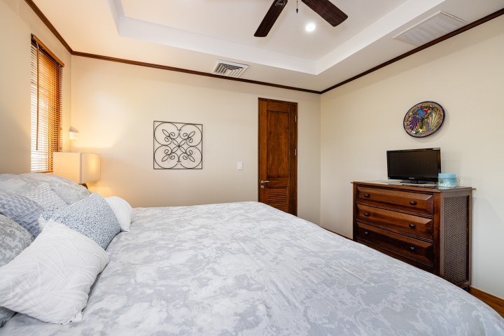 Bedroom with bed, wall art, dresser, and TV under a ceiling fan.