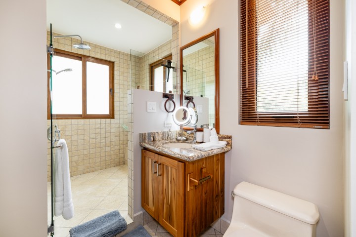 Modern bathroom with wooden vanity, large mirror, walk-in shower, and window with blinds.
