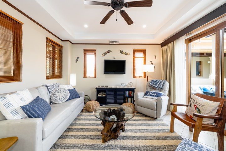 Cozy living room with sofas, armchair, TV, ceiling fan, and large windows with wooden blinds.