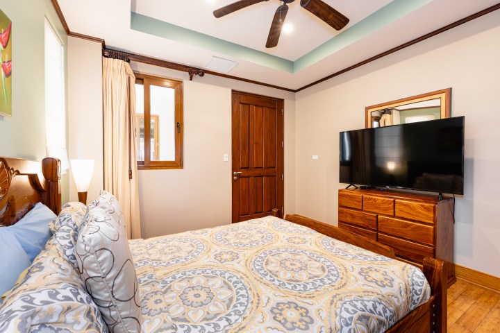 Bedroom with patterned bedding, wooden furniture, TV, and ceiling fan.
