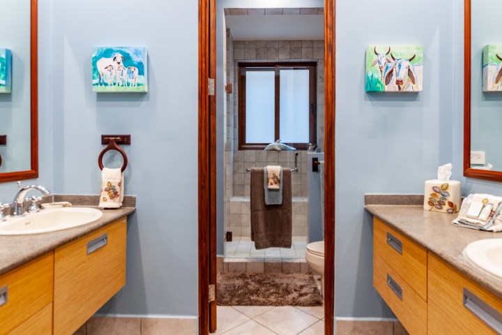 Double vanity bathroom with artwork and a shower area visible through an open doorway.