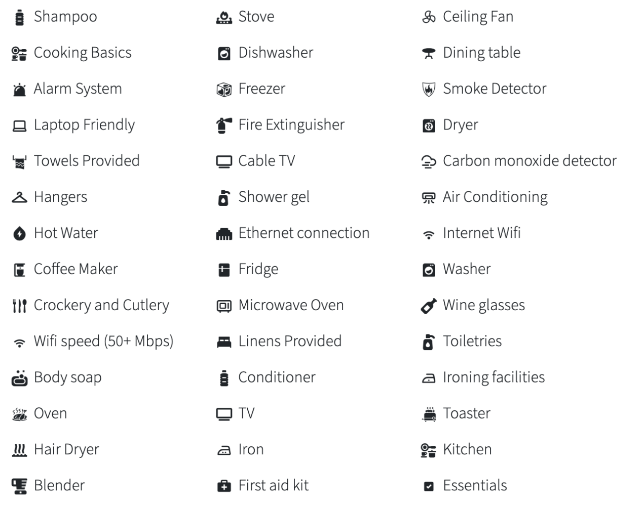 Icons and text listing various amenities in multiple columns on a white background.