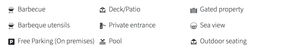 Icons for barbecue, utensils, parking, patio, private entrance, pool, gated, sea view, outdoor seating.