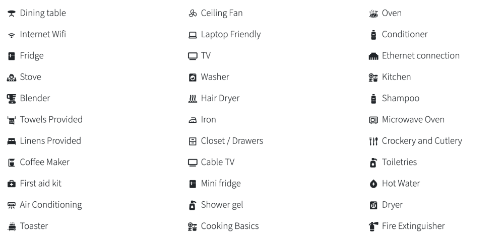 Three columns of home amenities icons and text, including dining table, TV, oven, internet, and toiletries.