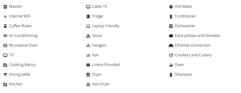 List of household amenities with icons, including washer, TV, fridge, and more.