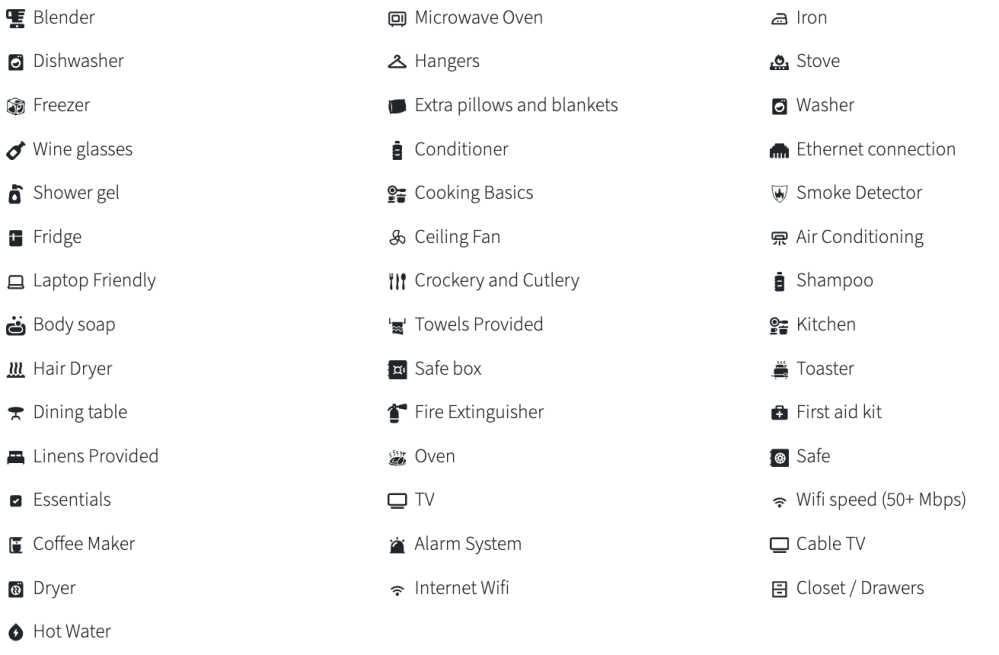 Icons and text listing home amenities like blender, microwave, and WiFi.