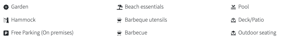 Icons and text listing amenities: Garden, Hammock, Free Parking, Beach essentials, Barbecue utensils, Barbecue, Pool, Deck/Patio, Outdoor seating.