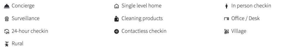 Icons with labels: Concierge, Surveillance, 24-hour check-in, Rural, Single level home, Cleaning products
