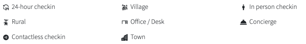 Icons for check-in types and locations: 24-hour, contactless, in-person; rural, village, town, office, concierge.