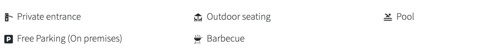 Icons for private entrance, outdoor seating, pool, free parking, and barbecue.