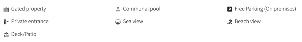 Amenities icons: gated property, communal pool, private entrance, sea and beach view, free parking, deck/patio.