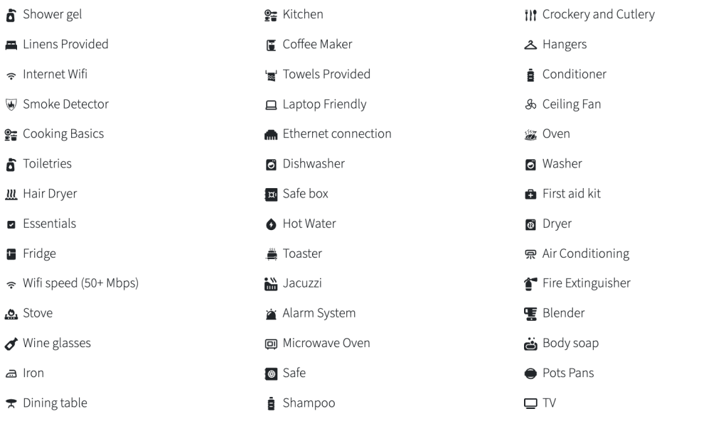 Icons and text listing amenities like wifi, fridge, cooker, towels, coffee maker, and air conditioning.
