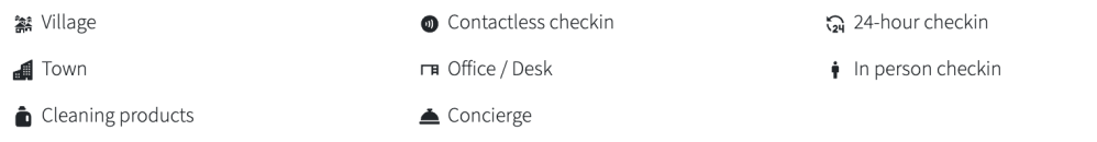Icons and text: Village, Town, Cleaning products, Contactless checkin, Office/Desk, Concierge, 24-hour, In person checkin.