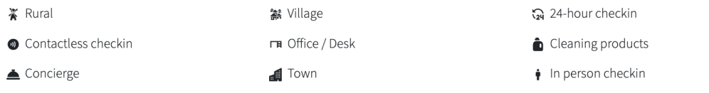 Icons and text for Rural, Village, 24-hour checkin, and other services.