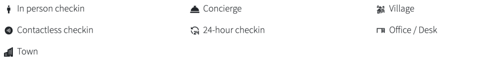 Icons with text: In person checkin, Concierge, Village, Contactless checkin, 24-hour checkin, Office, Town.